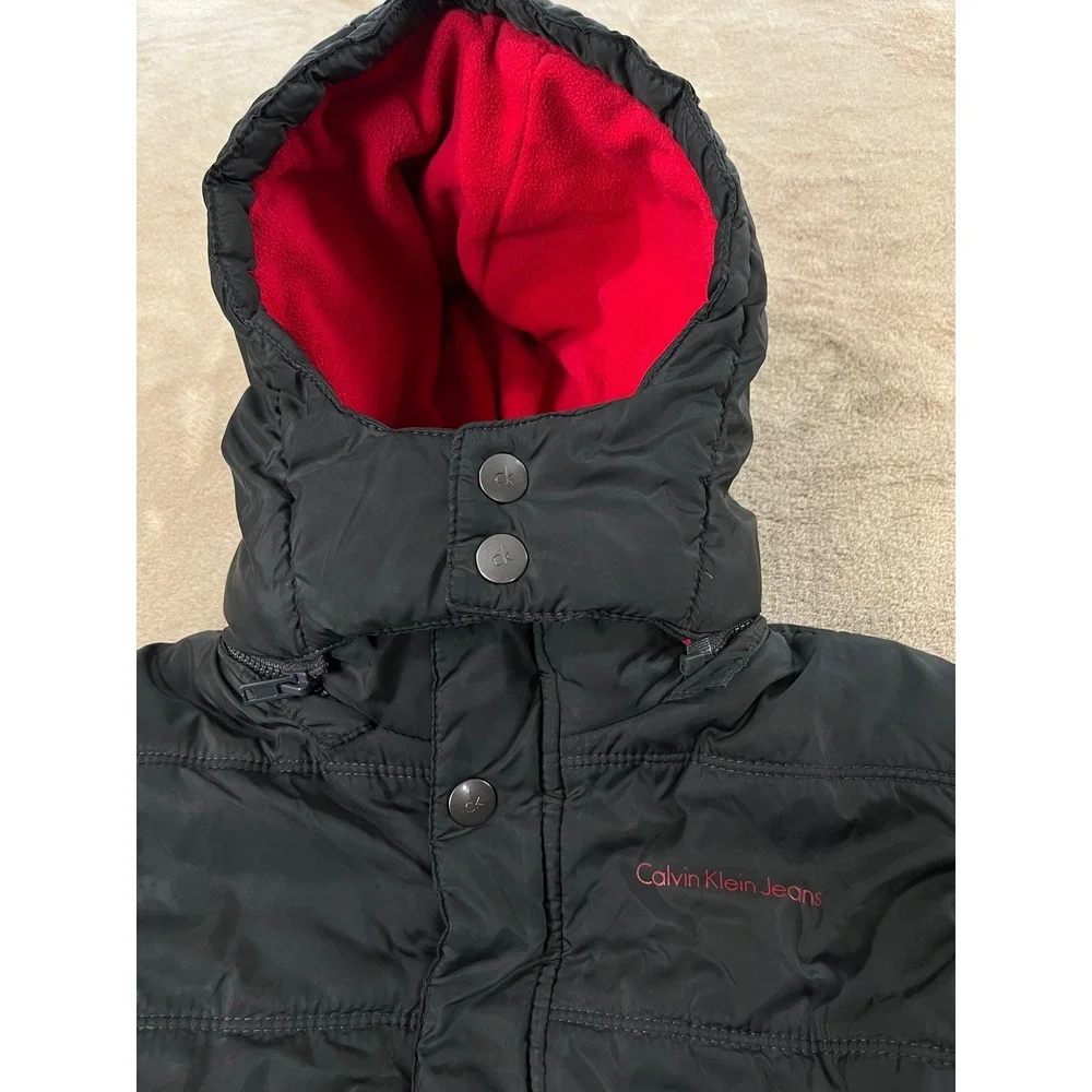 Y2K Calvin Klein Jeans Puffer Jacket Boys‎ size 7  Gray Winter Coat Hooded EUC